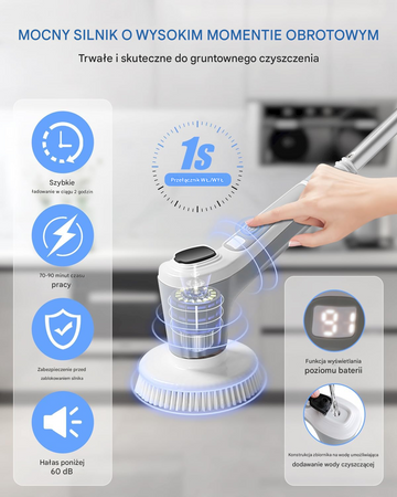 Elektryczna szczotka SHINE MATE – wyświetlacz, IP68, 6 końcówek do czyszczenia fug łazienki kuchni